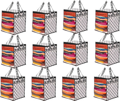 UjalaMultipack Saree Cover with Front Window and Side Handle and Side Handle |Stackable Clothes Storage Organizer PACK OF 12(BLACK DOT)