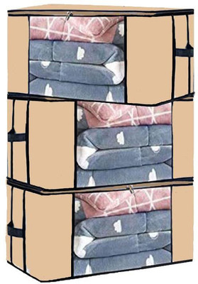Mteaser Multipurpose Non Woven Foldable Underbed Storage Bag Wardrobe Organizer Transparent Window Blanket Cover and Zip Closer with Side Handles Clothing Bag Set of 3(Beige)
