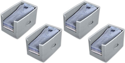 ZENCRAFT Open Front Non-Woven Fabric Shirt Stacker Organiser | Large Foldable Cloth Storage Box with Handle for Wardrobe T-Shirts, Shirts, Jeans, Sweaters, and More Set of 4(Grey)