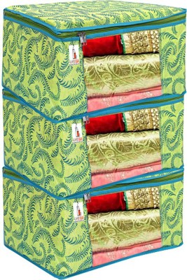 Billion Designer Leaf Printed 3 Piece Non Woven Fabric Saree Cover Set with Transparent Window, BILL-604(Green)