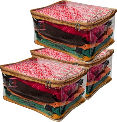 atorakushon New ® Pack of 3 Multipurpose Transparent Saree Blouse Garments cover Combo wardrobe Organizers Designer Cloth bag T.p saree gold 3pcs(Golden)
