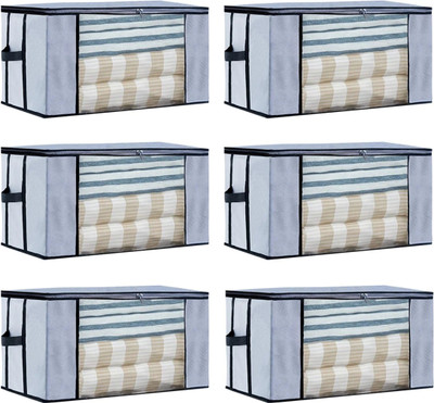 ZOVIRA Blanket Covers For Storage Organizer Set Of 6 Pieces Foldable Blanket Organiser Underbed Storage Box KIVYABLANKET25479(Grey)