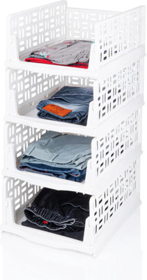 SELDOS Drawer Wardrobe Multipurpose Foldable Storage Basket Wardrobe Organizers for Clothes Wardrobe Drawer Set of 4(White)