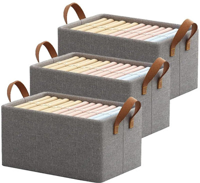Bizbee 3Pcs Foldable Clothes Storage Box With Durable Handle and Metal Frame Closet Bag(Grey)