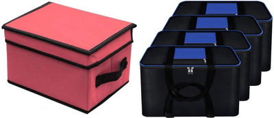 AQSA ENTERPRISE Multipurpose Heavy Duty Travel Storage Bag with Dual Zipper & Carry Handles | Foldable Large Capacity Utility Organizer Blanket Cover Blue mix Black-Q4_Storage Box with Lid Red-PC1(Blue mix Black, Red)