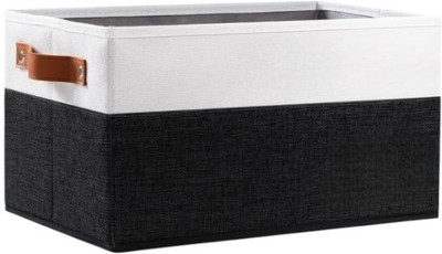 QUAIL Foldable Fabric Storage Bin with Handle – Collapsible Organizer Basket for Closet, Shelves & Cabinets – Rectangular Storage Box for Clothes, Toys, and Office (Set of 1)(White & Black)