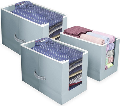 Hoomora Foldable Non-Woven Shirt Stacker Organizer Box / Shirt Stacker Cover Front Open Cloth Storage Box Wardrobe Shirt Organizer Storage Box (Pack of 3)(Grey)
