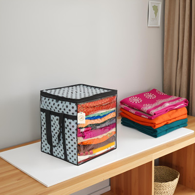 Ankit International Polka Dot Non-Woven Saree Cover Organizer – 90 GSM Fabric, Transparent Front Window, Double Zipper & Sturdy Handles | Foldable Cloth Storage Box for Wardrobe (50L, Pack of 1) SFXL7773259842774(Black, White)