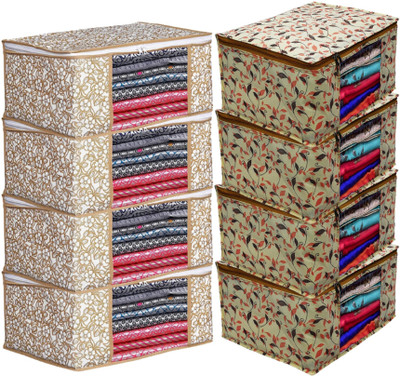 ASCREATION 8 Pieces Non Woven Best Quality Best Stitching Saree Cover/Saree bags Transparent window Storage Organizer/Cloth Cover Multipurpose 90 GSM Dual Zipper Beige Wardrobe Organizer/ Cloth Cover(Beige)