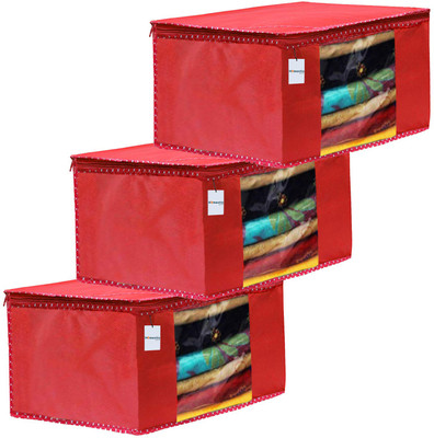HOMESTIC by Kuber Industries Cloth Cover 3 Piece Non Woven Fabric Saree Cover Set with Transparent Window|Red 100000000014881_HT(Red)