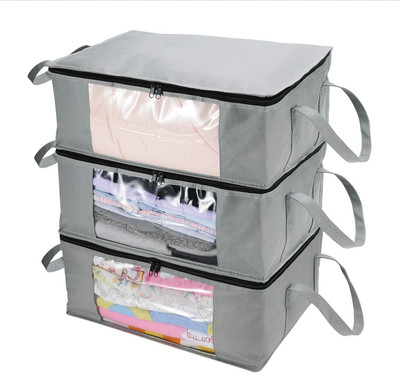 DOUBLE R BAGS Clothes Organizers Storage Bag Organizers with Reinforced Handle & Transparent Window Closet Storage with Zipper pack of 3(Grey)
