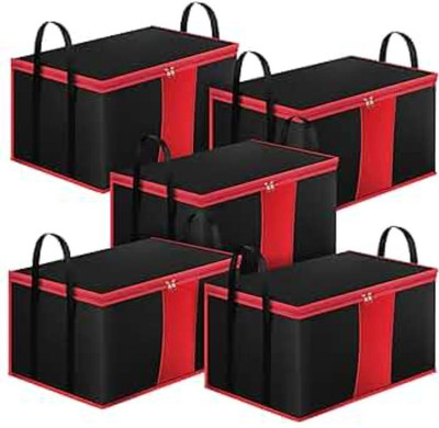 Anany Pack of 5 Large Foldable Storage Bags with Zipper for Clothes & Sarees Durable Non Woven Clothes Organiser with Handles Multipurpose Organizer Blanket Storage Bag for Wardrobe, Travel & Home(Red & Black)