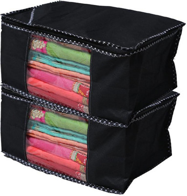 Craficial Non Woven Fabric Saree Cover/ Clothes Organizer with Transparent Window & Zipper Closure | Pack of 2 Foldable Multipurpose Storage(Black)