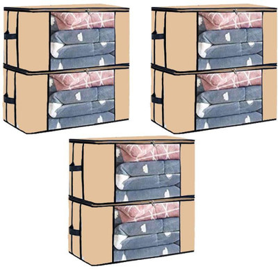 Shifa Hiyma Set of 6 Foldable Non Woven Fabric Storage Bags with Transparent Window & Zip Closer Multipurpose Storage Organizers for Clothes, Sarees, Blankets, Quilts, Toys – Large Capacity Bags(Beige)