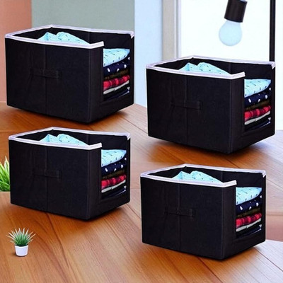 ZENCRAFT Open Front Non-Woven Fabric Shirt Stacker Organiser | Large Foldable Cloth Storage Box with Handle for Wardrobe T-Shirts, Shirts, Jeans, Sweaters, and More 4 Pieces(Black)