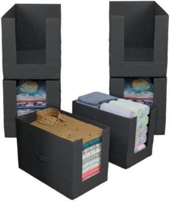IMCREATIONS Set of 6 Non Woven Large Capacity Shirt Stacker Cloth Storage Foldable & Stackable Wardrobe/Closet Organizer with Handle For T-shirts, Shirts & Clothes(Black)