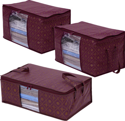 Craft Bazar Non Woven Printed Underbed Storage Bag With Side Handles Storage Organizer Blanket Storage Bag for Wardrobe Organizer Blanket Cover with a large Transparent Window Set of 3(Brown)