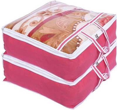 AQSA ENTERPRISE Set of 2 Blanket Cover | Non-Woven Blanket Cover for Saree | Zipper Storage Bag for Clothes | Wardrobe Organizer with Top Transparent Window | Extra Large(Pink)