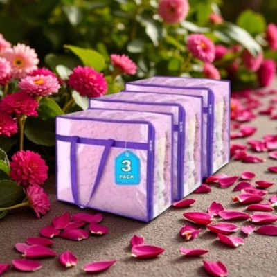 ASIFA Transparent PVC Storage Bag with Zipper and Handles 101_Foldable Organizer for Sarees, Blankets, Sweaters, & 101_Seasonal Clothes – Durable PVC Fabric with Purple Border Pack of 3(Purple)