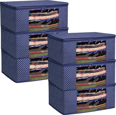 HomeStrap Home Storage Set of 6 Cotton Quilted 3 Layered Foldable Saree Covers(Navy Blue)