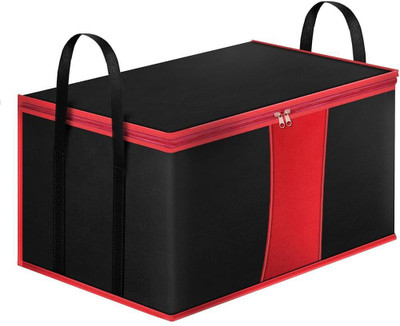 Anany Pack of 1 Large Foldable Storage Bags with Zipper for Clothes & Sarees Durable Non Woven Clothes Organiser with Handles Multipurpose Organizer Blanket Storage Bag for Wardrobe, Travel & Home(Red & Black)