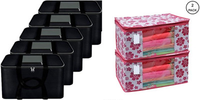 AQSA ENTERPRISE 5 Pieces Large Foldable Storage Bags with Zipper for Clothes & Sarees & Carry Handles | Foldable Large Capacity Utility Organizer Blanket Cover Grey mix Black-Q5_Pink Floral Print Saree Cover-P2(Grey mix Black, Pink)