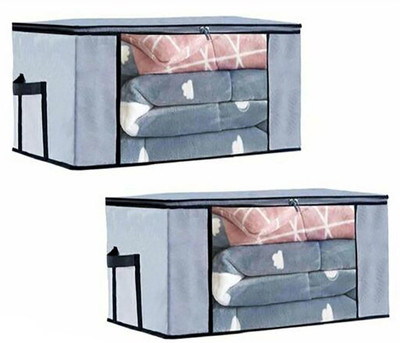 ZOVIRA Rectangular Under Bed Blanket Storage Bag,Wardrobe Organizer, Blanket Cover With A Large Transparent Window And Side Handles|Blanket Organizer (Grey),Pack of 2(Grey)
