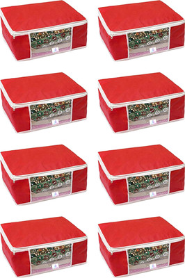 Craft Bazar Non Woven Fabric Saree Cover/ Clothes Organizer with Transparent Window & Zipper Closure | Pack of 8 Foldable Multipurpose Storage(Red)
