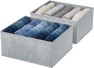 Mteaser 7 Grid Wardrobe Closet Organizer For Clothes Almirah Drawer Storage Organizer Foldable and Stackable Jeans, Sweater, Dresses, T-Shirts Organizer Box Set of 2(Dark Grey)