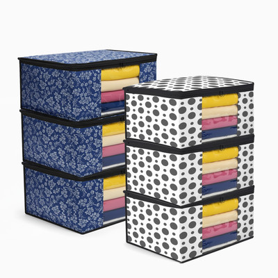 MERAO Saree Storage Bag Combo of 6 | Cloth Organizer with Zip | Wardrobe Organizer for Clothes & Sarees(Black, Blue, White)