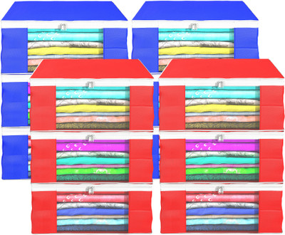 KUBER INDUSTRIES Saree Cover (Pack of 12) Foldable 9 Inch White Piping Non-Woven Saree Covers | Red & Blue Cloth Storage(Red & Blue)