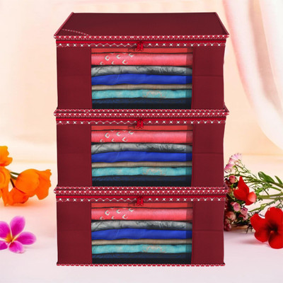 KUBER INDUSTRIES Saree Cover 3 Pieces Non Woven Fabric Saree Cover/Clothes Organiser for Wardrobe Set with Transparent Window, Extra Large (Maroon)-KUBMART2758 KUBMART02758(Maroon)