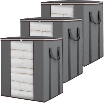 WOLFFIA Dustproof Foldable Underbed Blanket Storage Bag Wardrobe Organizer for Clothing Bedroom Comforter Closet Dorm/Sweater/Quilts Organizer Durable Zipper with Side Handle & Transparent Window Blanket Cover Pack of 3(Grey)
