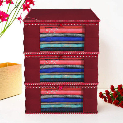 KUBER INDUSTRIES Designer Non woven Saree cover/ Saree Bag/ Storage bag Set of 3 Pcs 9 Inches Height COMBONWCMBB13(Maroon)