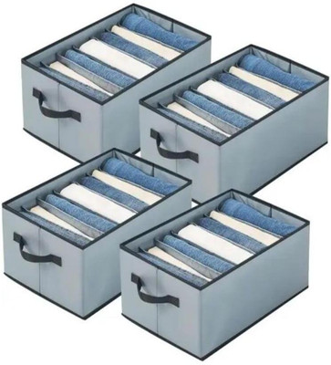Anany Foldable 7-Grid Wardrobe Organizer Box for Jeans, Pants, Trousers, T-Shirts & Clothing – Non-Woven Fabric Cloth Storage Basket with Compartments, Handle & Divider for Cupboard, Drawer & Closet Use Set of 4(Grey)