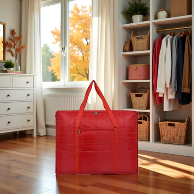 Ankit International Premium Satin Quilt Storage Bag for Blankets & Sarees | Large Foldable Organizer with Zip & Front Pocket | Travel Friendly | Pack of 01 AI-QSB-247(Red)