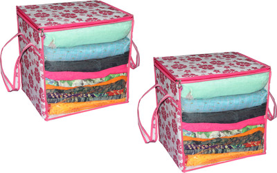 PRAHAN INTERNATIONAL XL Saree Cover/sari organizer with handles and transparent front Extra Large Sari Cover Box Metal Zipper AI_Pink Flower Box_002(Pink)