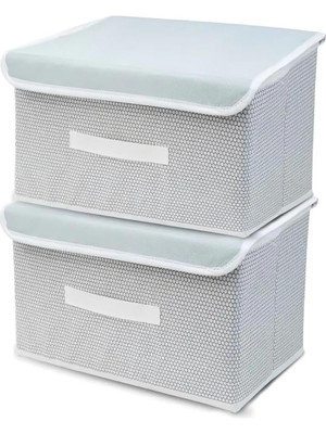 AtNoor Foldable Fabric Storage Box with Lid & Handle Clothes Organizer for Wardrobe Multipurpose Storage Bin, Pack of 2(Grey)