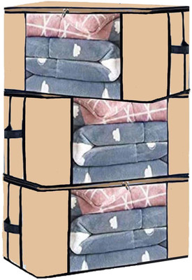 Mteaser Non-Woven Foldable Multipurpose Underbed Storage Bag Wardrobe Closet Organizer Transparent Window Blanket Cover and Zipper Closer With Side Handles 3 Pieces(Beige)
