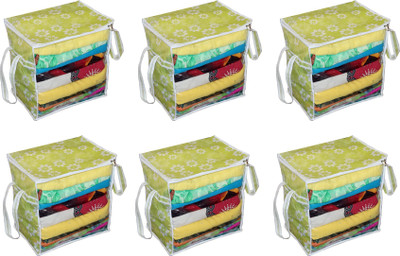Ankit International Ai_Green Flower Box_006 XL Saree Cover/sari organizer with handles and transparent front (15 * 12 * 15 In),(Pack of 6), Green Flower Ai_Green Flower Box_006(Green)