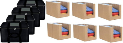 AQSA ENTERPRISE 4 Pieces Large Foldable Storage Bags with Zipper for Clothes & Sarees & Carry Handles | Foldable Large Capacity Utility Organizer Blanket Cover Grey mix Black-Q4_Shirt Stacker Beige-P6(Grey mix Black, Beige)