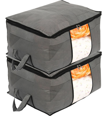 KUBER INDUSTRIES Underbed Storage Bag Non-Woven Lining Print Blanket Cover|Clothes Organizer With Transparent Window, Zipper Closure & Handle, Set of 2 (Gray, Extra Large)(Gray)