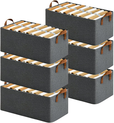 Gopal Enterprise Pack of 6 Wardrobe Organizer for Clothes with Metal Frame Rectangle Storage Baskets for Clothing Fabric Storage Box with Handles Shelf Basket(Grey)