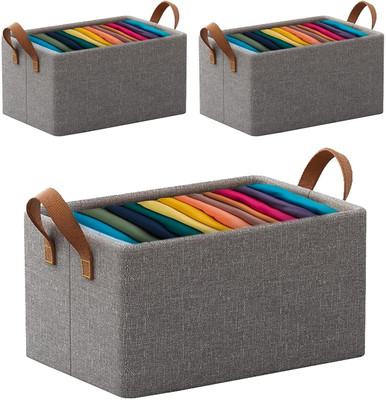 PRO99S Wardrobe Organizer for Clothes 26L with Metal Frame Rectangle Storage Baskets Collapsible Cloth Storage Box Storage Organizer Basket Cubes PACK OF 3 Storage Box with Handles Shelf Basket for Storage Clothes Pants Jeans Sweater(Grey)
