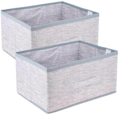 Camron Craft Non Woven Jute Printed Foldable Storage Box/Bin Organiser with Handle for Books & Toys | Cloth Drawer Organizer for Wardrobe Set of 2(Grey)