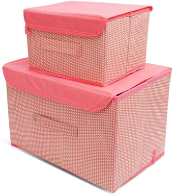 CUTBAZZ Multipurpose Foldable Small & Large Drawer Rectangular Storage Box with Lid and Side Handle Closet Organizer for Clothes Combo of 2(Pink)