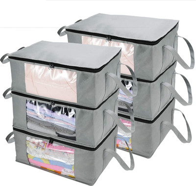 DOUBLE R BAGS Clothes Organizers Storage Bag Organizers with Reinforced Handle & Transparent Window Closet Storage with Zipper pack of 6(Grey)