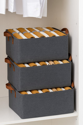 PRO99S Cloth Orgaizer 26L with Metal Frame Rectangle Storage Baskets Collapsible Cloth Storage Box Storage Organizer Basket Cubes PACK OF 3 Storage Box with Handles Shelf Basket for Storage Clothes Pants Jeans Sweater(Grey)