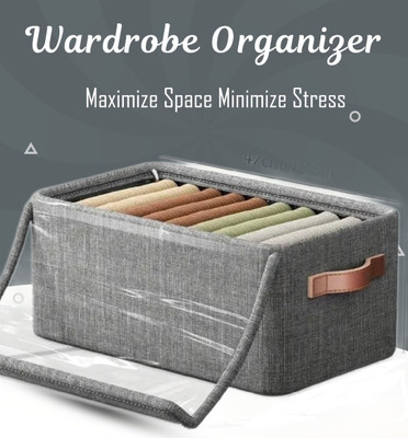 VP Creation Cloth storage box with transparent Lid Foldable with handle, Collapsible Wardrobe organizer 1 Unit 26 Ltr(Grey)