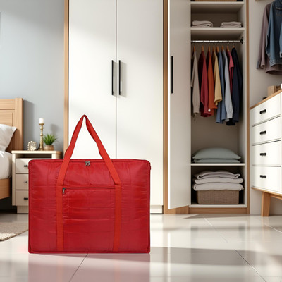 Ankit International Premium Satin Quilt Storage Bag for Blankets & Sarees | Large Foldable Organizer with Zip & Front Pocket | Travel Friendly | Pack of 01 AI-QSB-176(Red)
